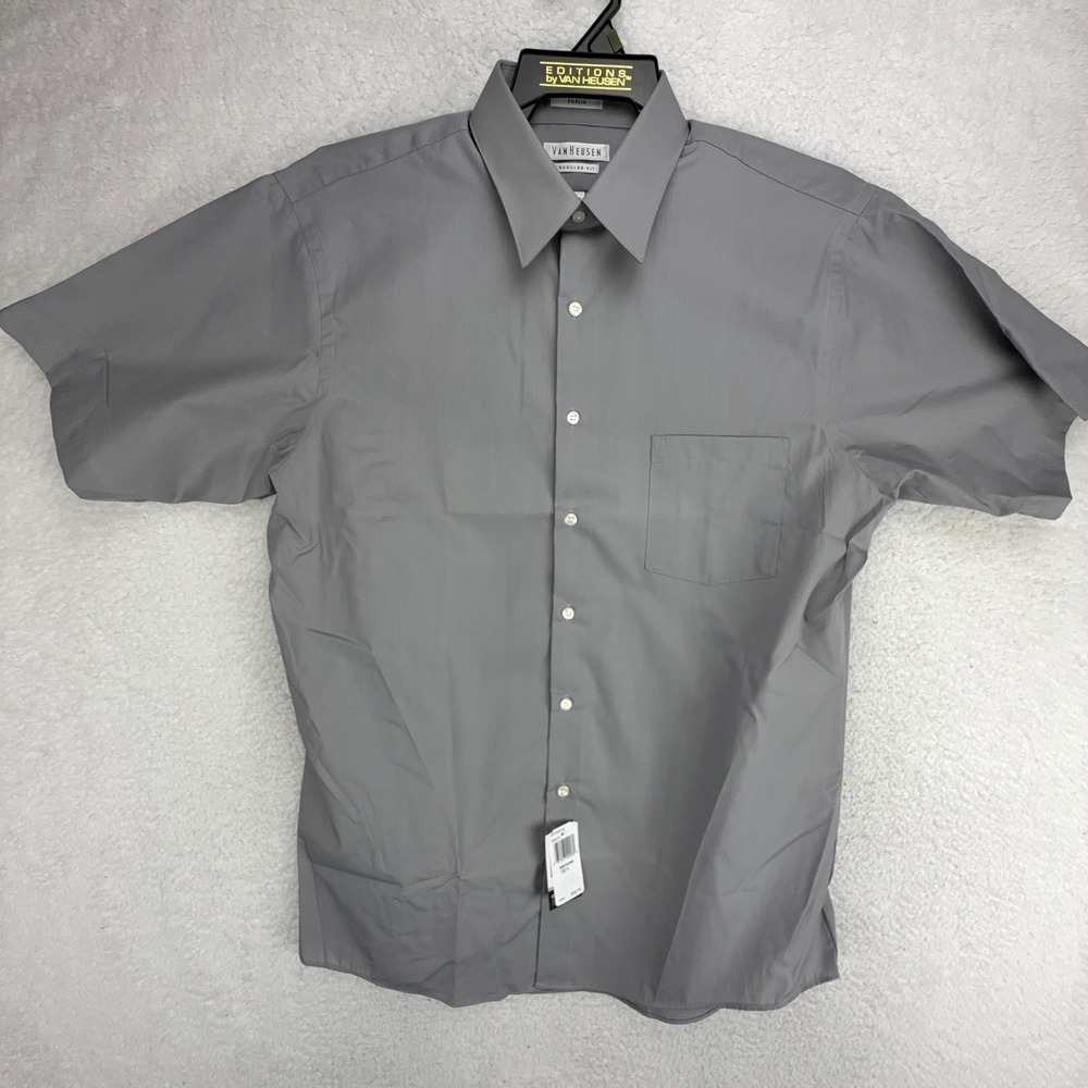 Van‎ Heusen Men Gray Poplin Regular Fit Short Sleeve Button Up Shirt 16.5 NWT